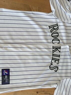 Majestic White and Purple Colorado Rockies Pinstripe Jersey Label
